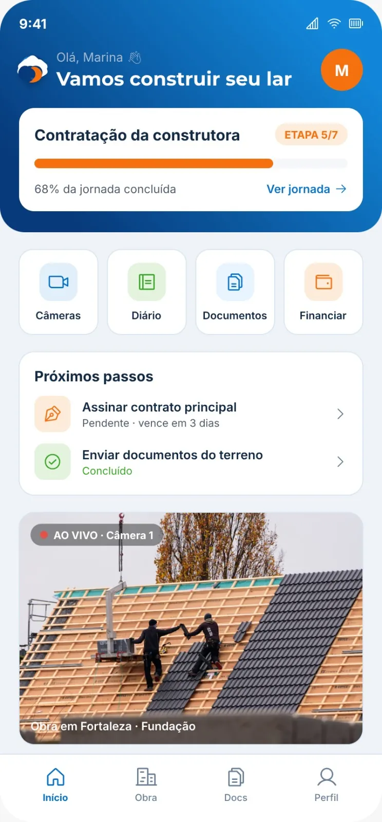 Tela inicial do aplicativo com etapa atual, próximos passos, documentos e acesso à obra.