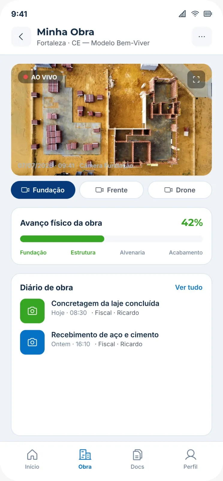 Tela Minha Obra com avanço físico, diário de obra e registros da construção.