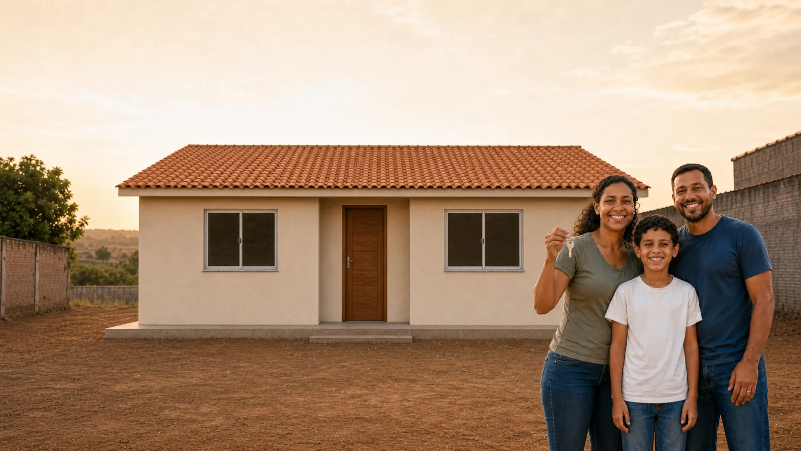 Família brasileira com a chave de sua casa térrea concluída.