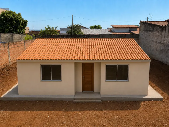Casa térrea concluída, com pintura clara e telhado cerâmico.